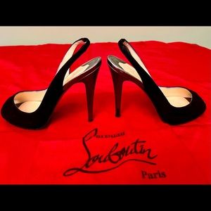 Christian Louboutin Black Suede Peep-toe Slingback Sz 7